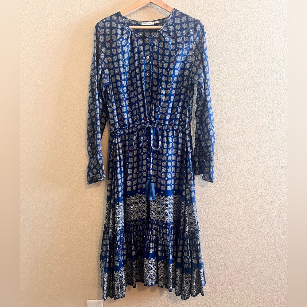 Roller Rabbit Margoa Boho Tiered Geometric Blue Dress Size Small